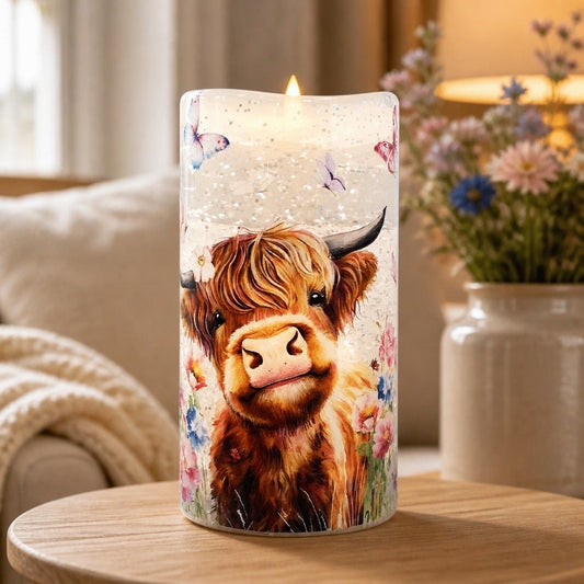 Enchanting Highland Cow 15cm Battery Candle | Luxury Home Accessories | Heulog Glow