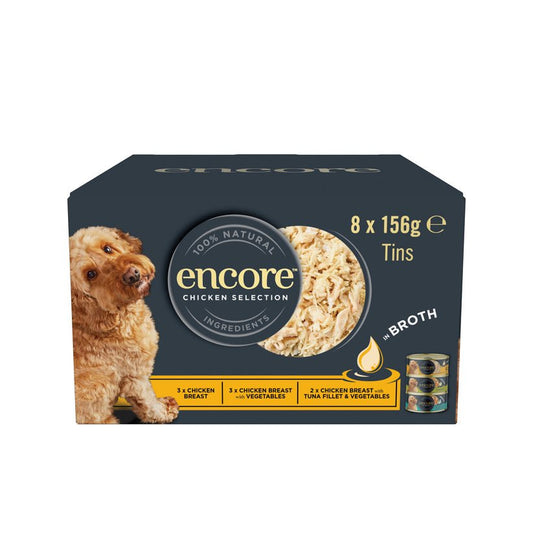 Encore Dog Tin Chicken Selection in Broth 8 x 156g | Luxury Home Accessories | Heulog Glow