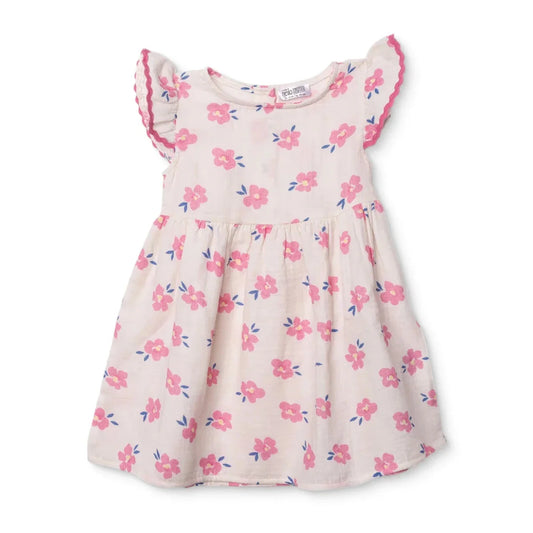 HelloBaby Girls Dress Floral Print Ditsy Flower Crew Neck Short Sleeve - Ecru Printed
