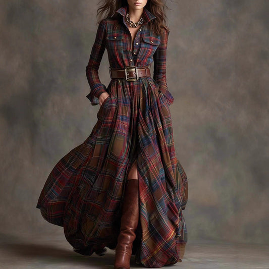French Retro Grid Dress - Elegant Slim Fit Irregular Hem Dress for Women | Plus Size Available