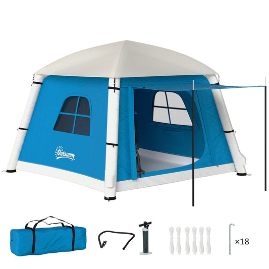 Outsunny Inflatable Camping Tent w/ Hand Pump, Easy Setup 1/2 Person Blow Up Tent Waterproof 190T Taffeta w/ Mesh Windows, Doors and Carry Bag, Light Blue
