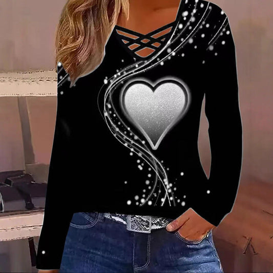 Women's Casual Long Sleeve Top With A Heart Patterned V Neck