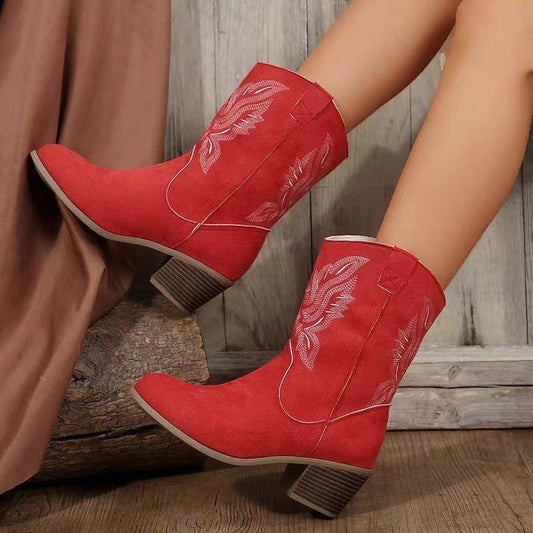 Fashion Chunky-heeled Pointed Toe Boots Winter Ethnic Style Embroidered Mid-Tube Western Shoes Women | Luxury Home Accessories | Heulog Glow