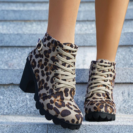Fashoin Leopard Print Ankle Square Heel Suede Lace-up Zip Boots Women Casual Versatile Shoes Autumn And Winter | Luxury Home Accessories | Heulog Glow