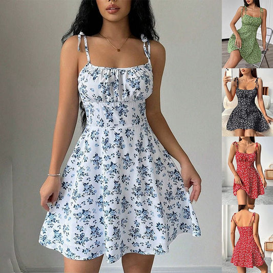 Floral Print Dress Summer Sweet A- Line Waist Trimming Dresses Women's Slimming Casual Clothing | Luxury Home Accessories | Heulog Glow