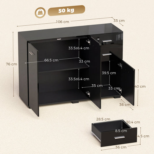 HOMCOM Sideboard, Modern Storage Cabinet with 2 Drawers, 3 Doors and Adjustable Shelves, High Gloss Black