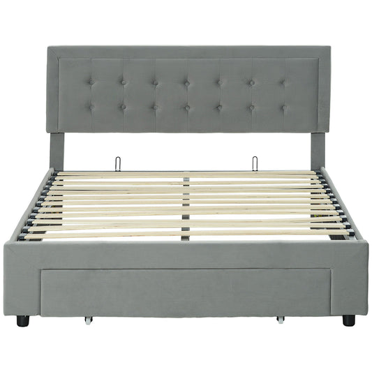 HOMCOM Double Bed Frame with Storage and Adjustable Velvet Headboard