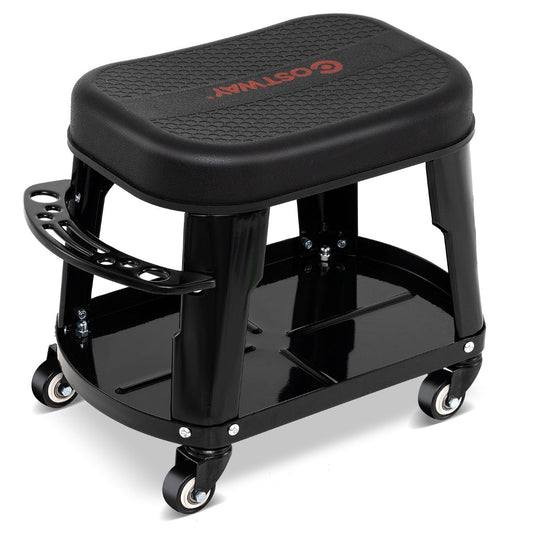 Garage Rolling Stool with Equipment Tray and Tool Holder-Black