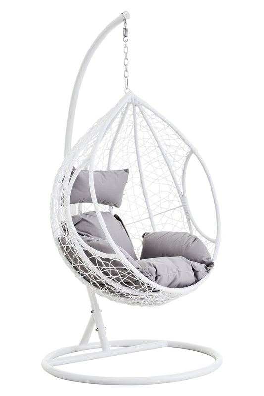 Goa White Rattan Effect Hanging Chair with Grey Cushions | Luxury Home Accessories | Heulog Glow