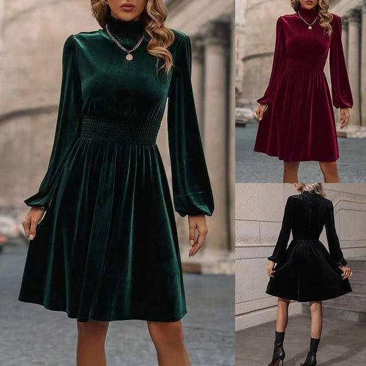 Graceful Stand Collar Solid Color Velvet Long Sleeve Dress | Luxury Home Accessories | Heulog Glow