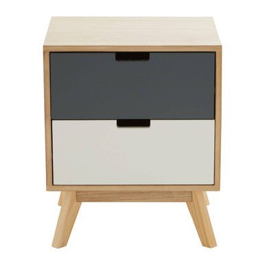 Grey and White Two-Drawer Bedside Table with Natural Wood Finish Frame | Watson | Luxury Home Accessories | Heulog Glow