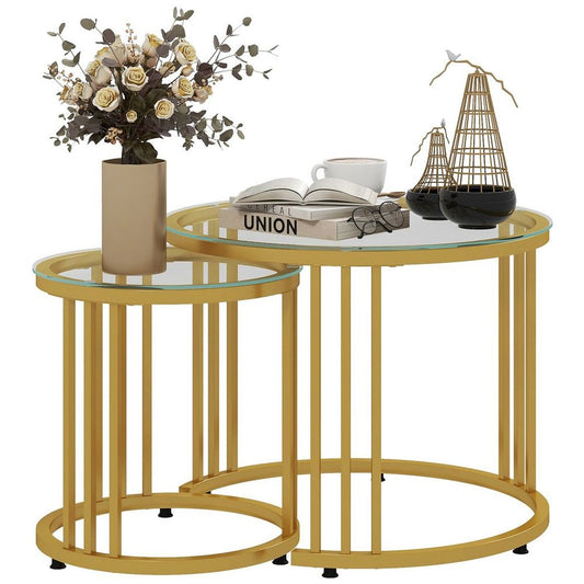 HOMCOM 2 Pieces Round Nesting Coffee Tables with Tempered Glass Top, Gold Tone | Luxury Home Accessories | Heulog Glow