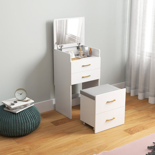 HOMCOM 3 in 1 Dressing Table with Flip-top Mirror and Rolling Stool, Modern Vanity Desk with Visible Glass Tabletop, Drawers and Side Hook, Makeup Table with Cushioned Storage Stool for Bedroom, White | Luxury Home Accessories | Heulog Glow