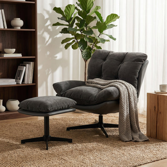 HOMCOM Accent Chair with Footstool, Swivel Lounge Chair with Chenille Upholstery, Metal Base, Dark Grey | Luxury Home Accessories | Heulog Glow