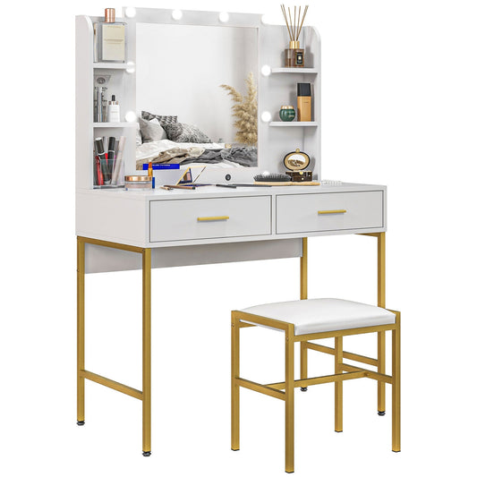 HOMCOM Dressing Table with Lighted Mirror, Cushioned Stool, Drawers, Shelves, LED Makeup Vanity Desk Set, Modern Dresser Vanity Table for Bedroom, White | Luxury Home Accessories | Heulog Glow