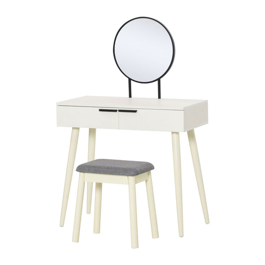 HOMCOM Dressing Table with Mirror and Stool, Vanity Makeup Desk Set with 2 Drawers, Cushioned Stool and Make-up Organizer for Bedroom and Dressing Room, White | Luxury Home Accessories | Heulog Glow