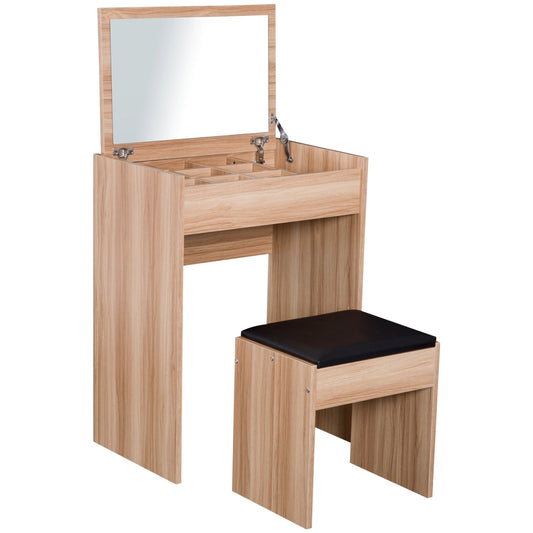 HOMCOM Dressing Table with Mirror and Stool, Vanity Makeup Table with Flip Up Mirror, Vanity Desk with Storage Unit and Padded Seat, Wood | Luxury Home Accessories | Heulog Glow