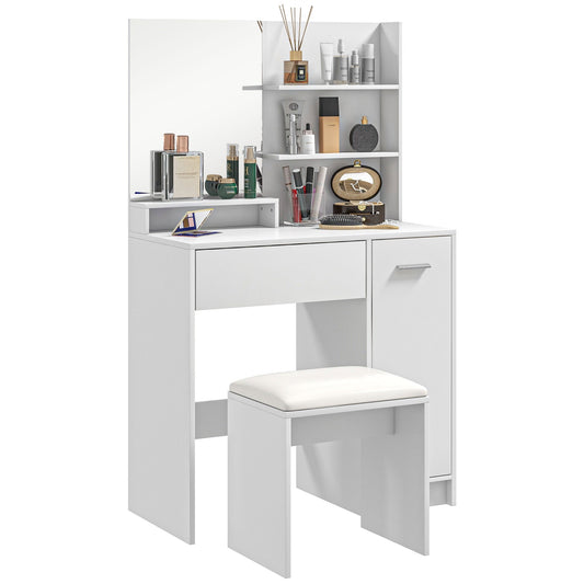 HOMCOM Dressing Table with Mirror and Stool, Vanity Table, Modern Makeup Desk with Drawer, Storage Cabinet and Adjustable Shelf for Bedroom, White | Luxury Home Accessories | Heulog Glow