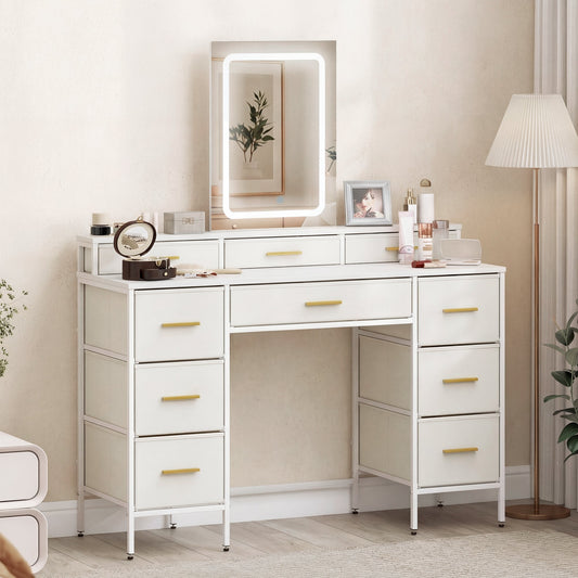 HOMCOM Multi-Storage Elegant Dressing Table, with LED Mirror - White | Luxury Home Accessories | Heulog Glow