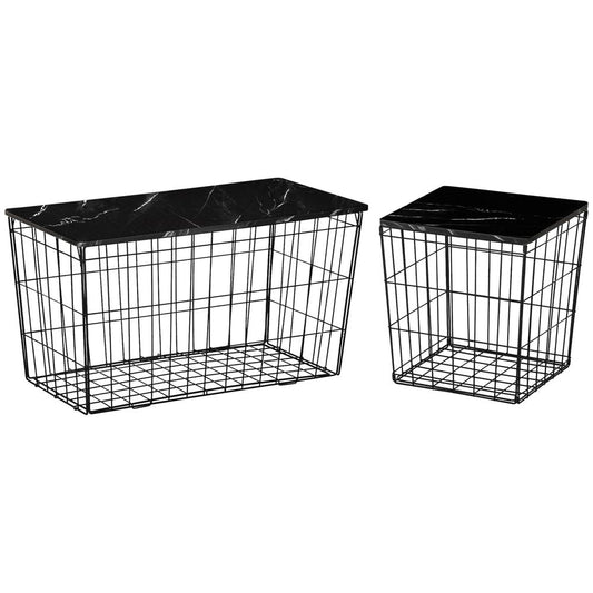 HOMCOM Nest of Tables, Side Tables Set of 2 with Marble Effect board and Wire Metal Frame, Coffee Tables for Living Room, Bedroom, Black | Luxury Home Accessories | Heulog Glow