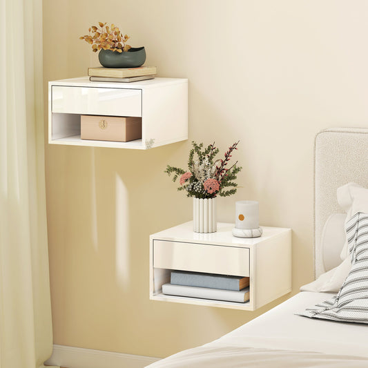 HOMCOM Set of Two Floating Bedside Tables, Wall Mounted Nightstand with Drawer and Open Shelf, High Gloss White | Luxury Home Accessories | Heulog Glow