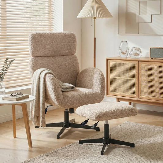 HOMCOM Swivel Armchair and Footstool Set, Height Adjustable Accent Chair with Adjustable Headrest, Rocking Function, Light Brown | Luxury Home Accessories | Heulog Glow