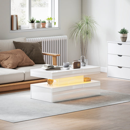 HOMCOM LED Coffee Table with Storage - High Gloss White