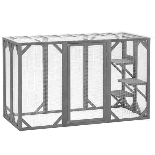 PawHut 71" Wooden Cat House with 3 Platforms, Large Door for Multiple Cats