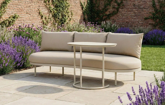 Kiki Beige 3-Seater Curved Garden Sofa and Coffee Table | Luxury Home Accessories | Heulog Glow