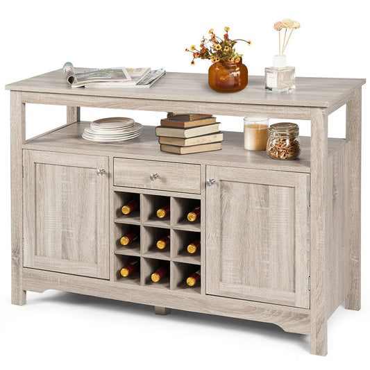 Rustic Cupboard Storage Organizer with 2 Cabinets and 1 Drawer & 9-Bottle Wine Rack-Grey