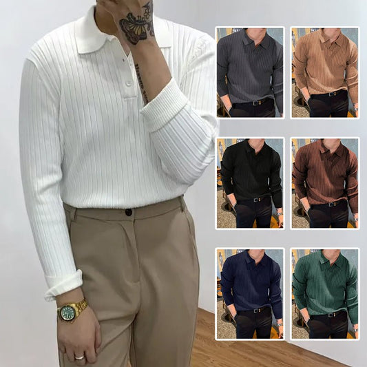 Lapel Texture Stretch Slim Knit Polo Shirt Men Polo Shirt Fashion Waffle Long-sleeved Tops Clothing Casual Comfortable Golf Men's Clothing | Luxury Home Accessories | Heulog Glow