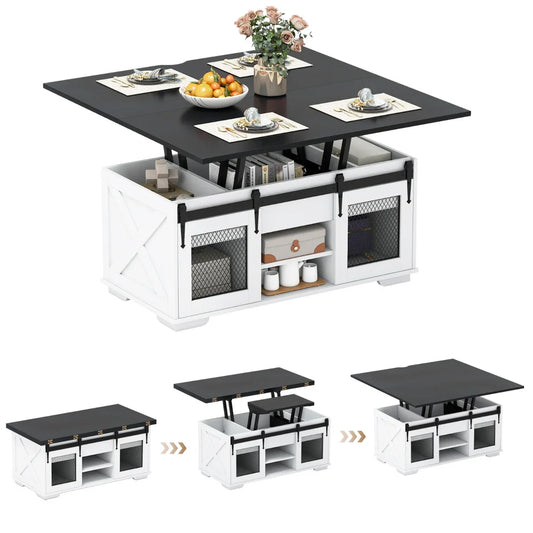 Lift Top Coffee Table with 2 Sliding Barn Doors and Open Shelves-Black