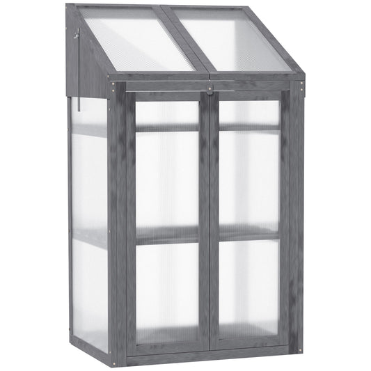 Outsunny Wooden Cold Frame Polycarbonate Greenhouse with Openable Top Cover and Double Door, Grow House for Flower, Vegetable and Plants, 70 x 50 x 120cm, Grey