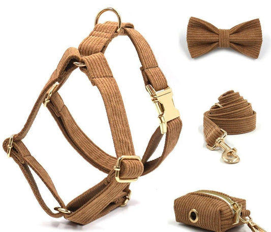 Luxury Brown Corduroy Dog Harness and Leash Set - Designer Collar with Poop Bag Holder for Small and Large Dogs | Luxury Home Accessories | Heulog Glow