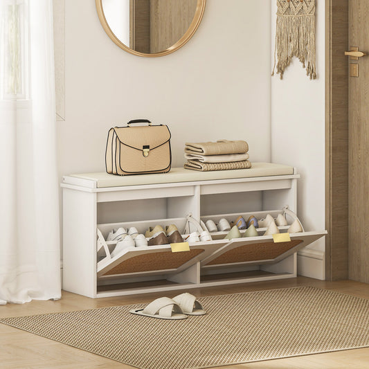 HOMCOM Boho Shoe Bench with Padded Seat and 2 Flip-Drawers - White