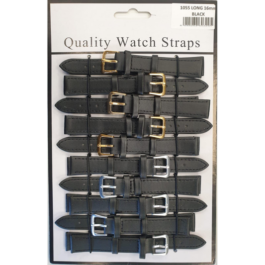 Leather Black Extra Long Watch Straps Pk10 size 16mm 1055.05