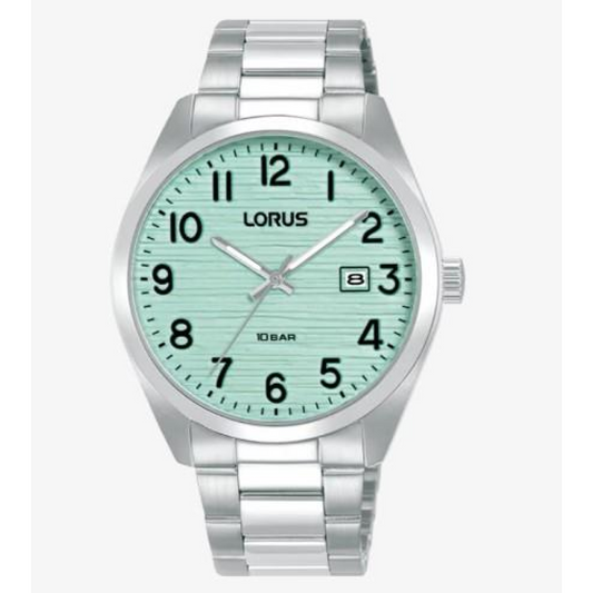 Lorus Mens Basic Fashion Date Light Green Textured Dial Silver Plated Stainless Steel Bracelet Watch RH909RX9