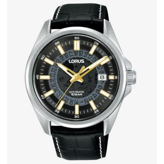 Lorus Mens Automatic Date Black Dial Black Leather strap Watch RU411AX9