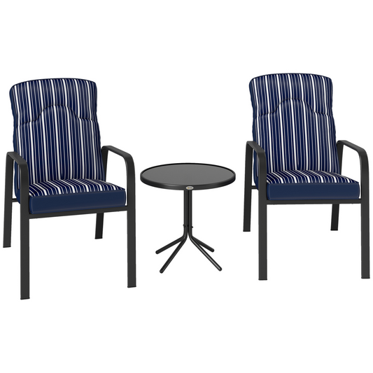 Outsunny 3-Piece Recliner Garden Chairs and Tempered Glass Table Set, Blue