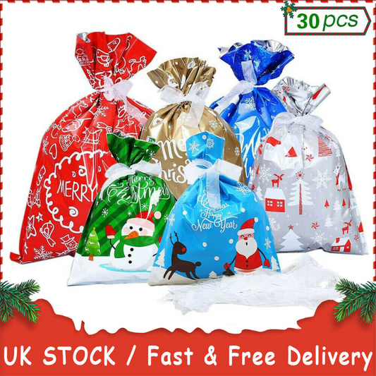 30pcs Christmas Gift Bags Santa Printed Packaging Xmas Treat Foil Drawstring Bag