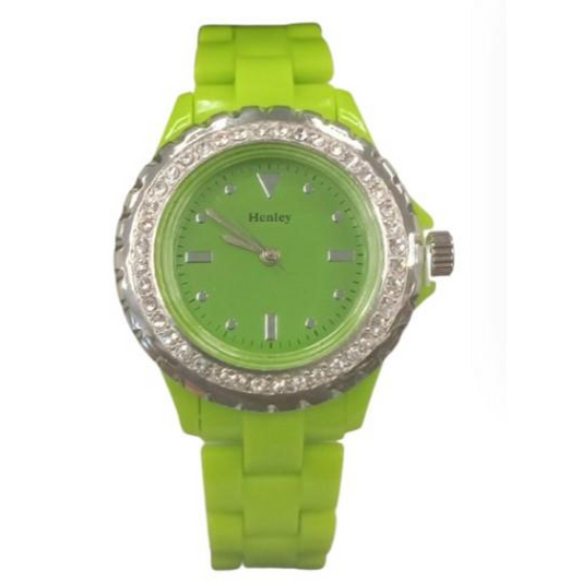 Henley Ladies Bling Fashion Case Lime Green Dial And Plastic Strap Watch H0826.11 - CLEARANCE NEEDS RE-BATTERY
