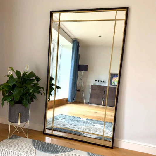 Aimi - Full Length Black & Gold Metal Rectangle Window Mirror - 180cm x 105cm.