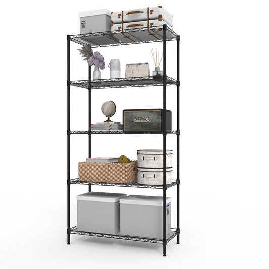 5-tier, adjustable shelf spacing, display rack with adjustable feet, made of iron, 74*34*150cm, powder-coated glossy black