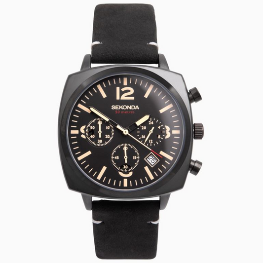 Sekonda Men's Airborne Chronograph Watch Black Case & Leather Strap with Black Dial 1991