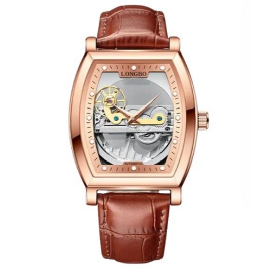 NY London Mens Automatic Hollow mechanical Dial Analogue Rose/Brown Leather Strap Watch