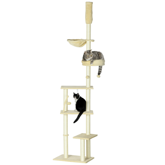 6-Tier Floor to Ceiling Cat Tree with Scratching Post, Bed, Hammock, Beige