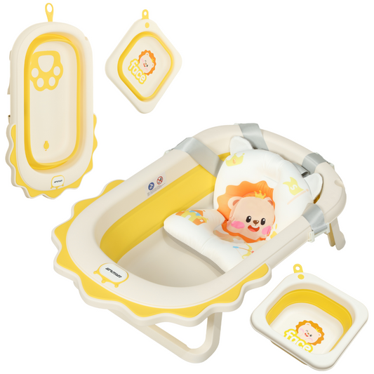 AIYAPLAY Foldable Baby Bath Tub Set with Bath Cushion, Wash Basin, Yellow