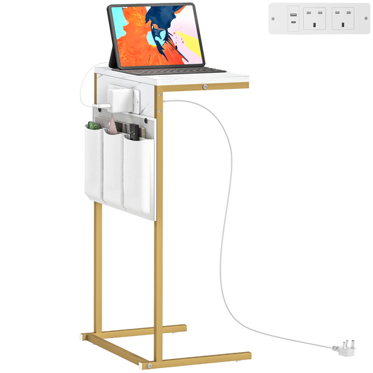 HOMCOM C-Shaped Side Table with Charging Station, Modern Bedside Table