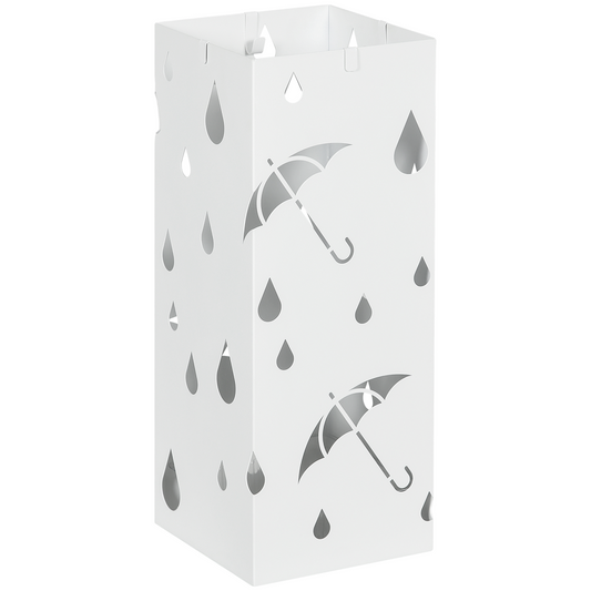 HOMCOM Metal Umbrella Stand, Square Umbrella Basket with 4 Hooks Drip Tray White