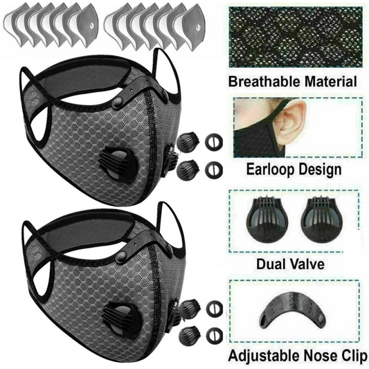 (2 Pack)Reusable Half Face Cover Mask w/ Filter Cycling Outdoor Sport Face Mask Grey